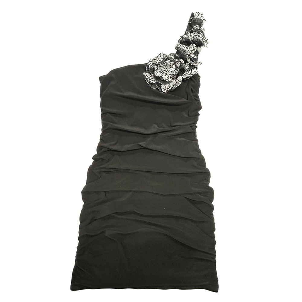 DEB Y2K Ruched One Shoulder Mini Dress Coquette M Black Party Girl Clubwear Glam